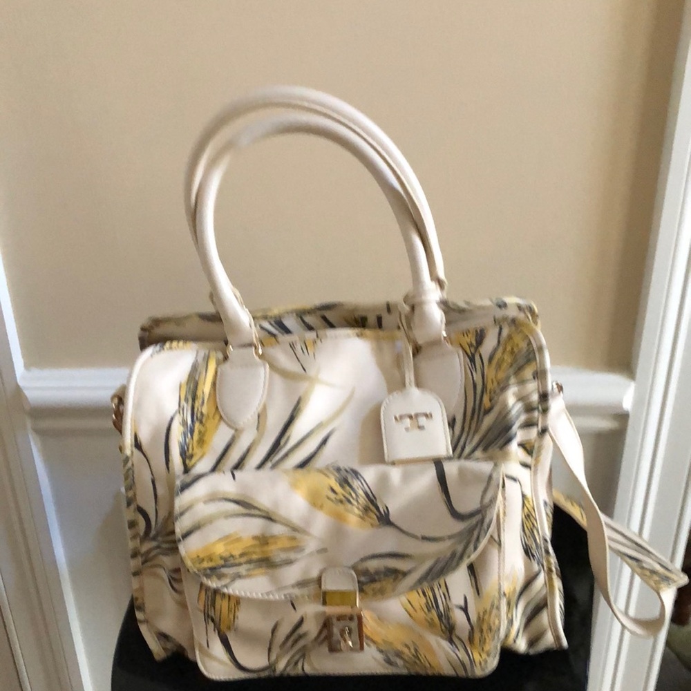 Tory Burch Cream and Yellow Satchel with Structured Design